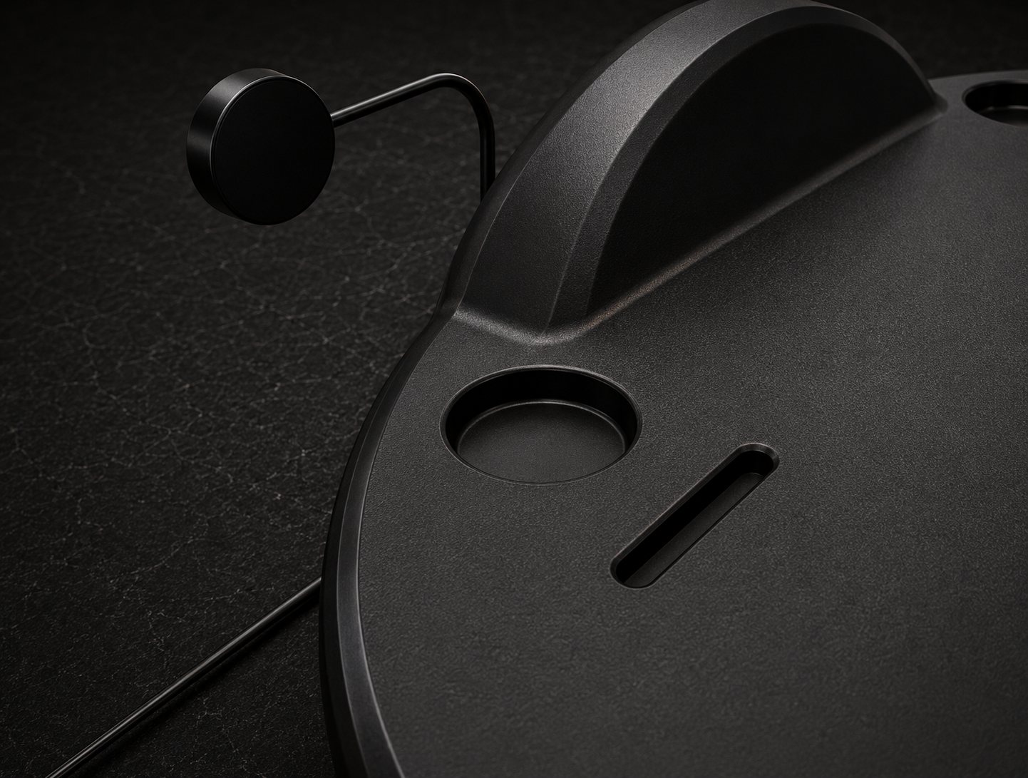 Machined-feel cup recess and cable slot cut straight into the deck.