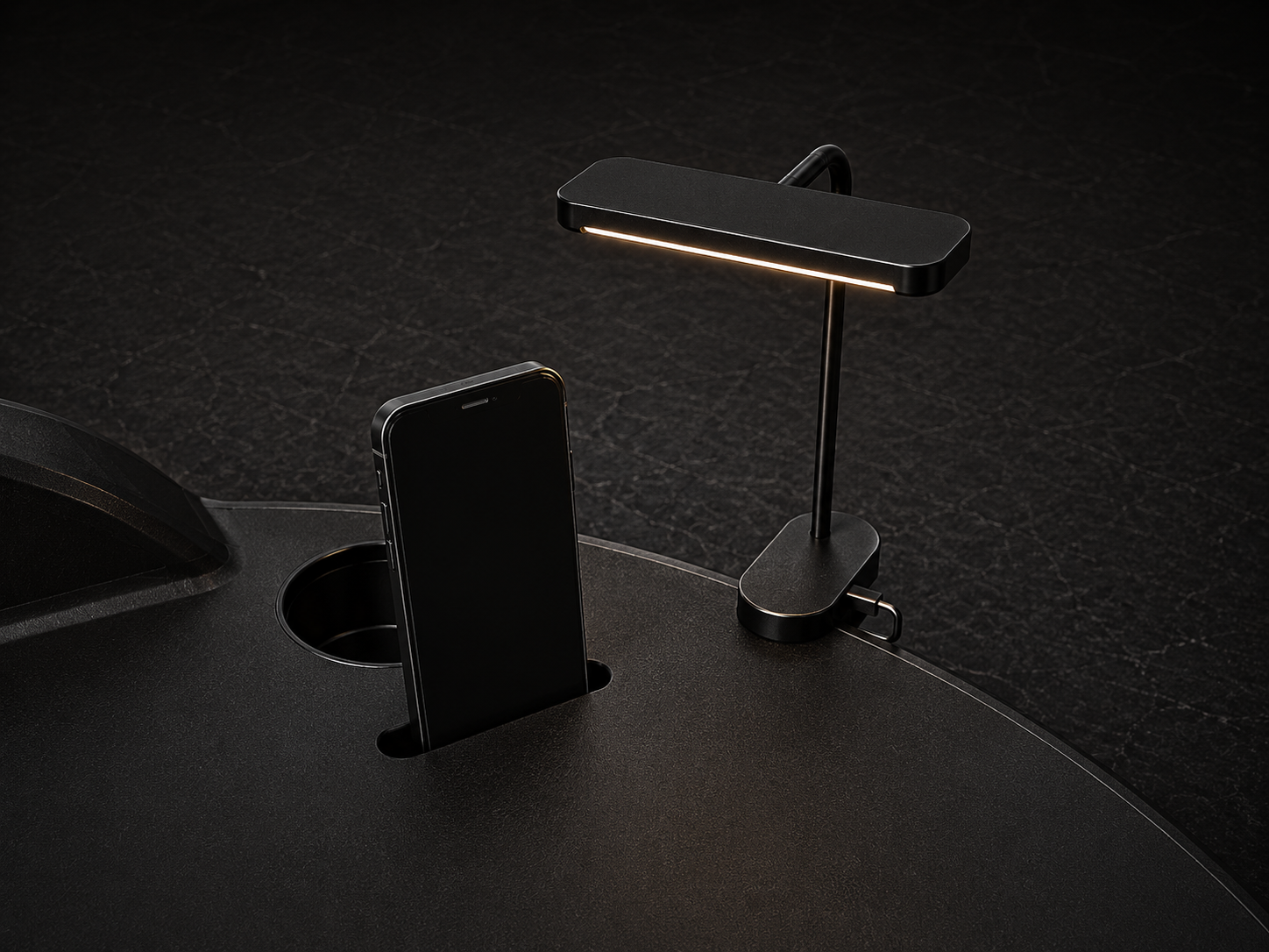 The LED lamp seats into the deck and the phone slot holds it upright.